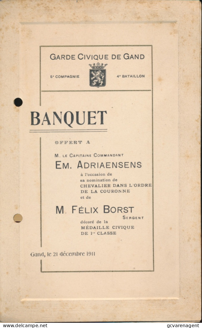 GARDE CIVIQUE DE GAND.- BANQUET  GAND LE 21 DECEMBRE 1911.  18 X 11 CM - Menu