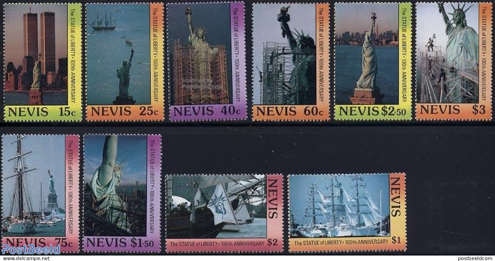 Nevis 1986 Statue Of Liberty 10v, Mint NH, Transport - Ships And Boats - Art - Sculpture - Schiffe