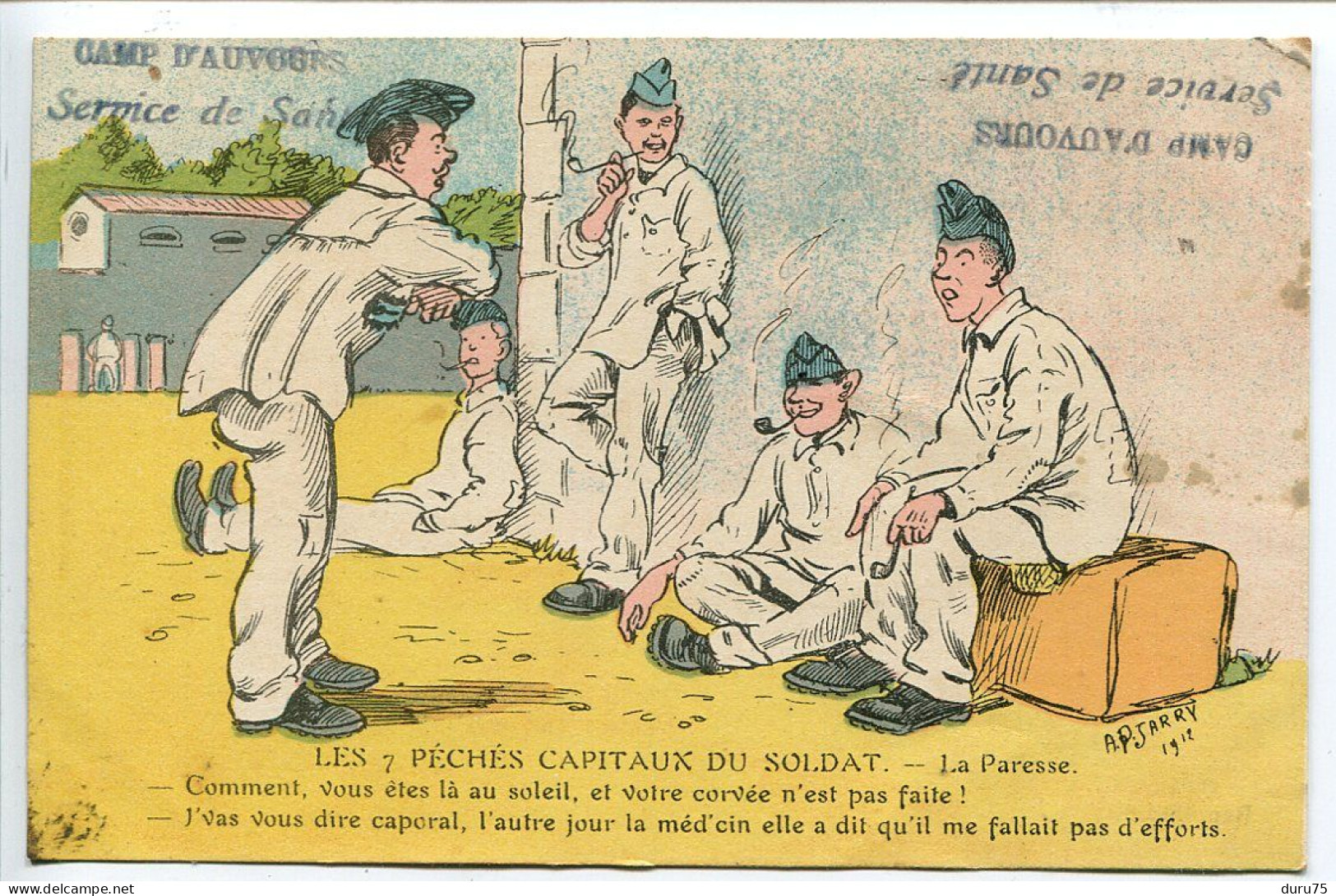 Militaria * CPA Ecrite * CACHET Militaire Camp D'AUVOURS Service De Santé Les 7 Péchés Capitaux Du Soldat La Paresse - Humoristiques