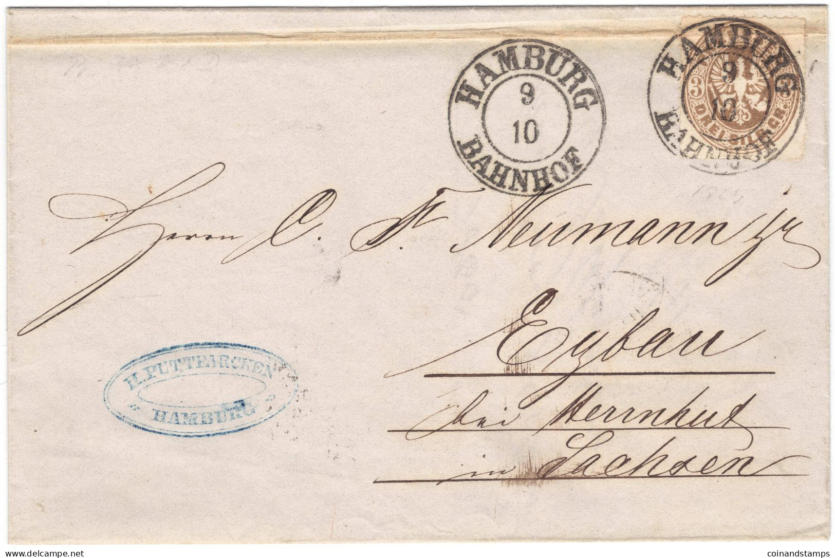 Hamburg Brief Mit Mi.-Nr.18b Als EF. Orig. Gelaufen Hamburg 9/10 1865 Nach Eybau über Ober Oderwitz, Feinst - Briefe U. Dokumente