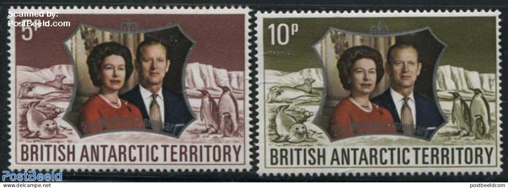 British Antarctica 1972 Silver Wedding 2v, Mint NH, History - Nature - Kings & Queens (Royalty) - Birds - Penguins - S.. - Königshäuser, Adel