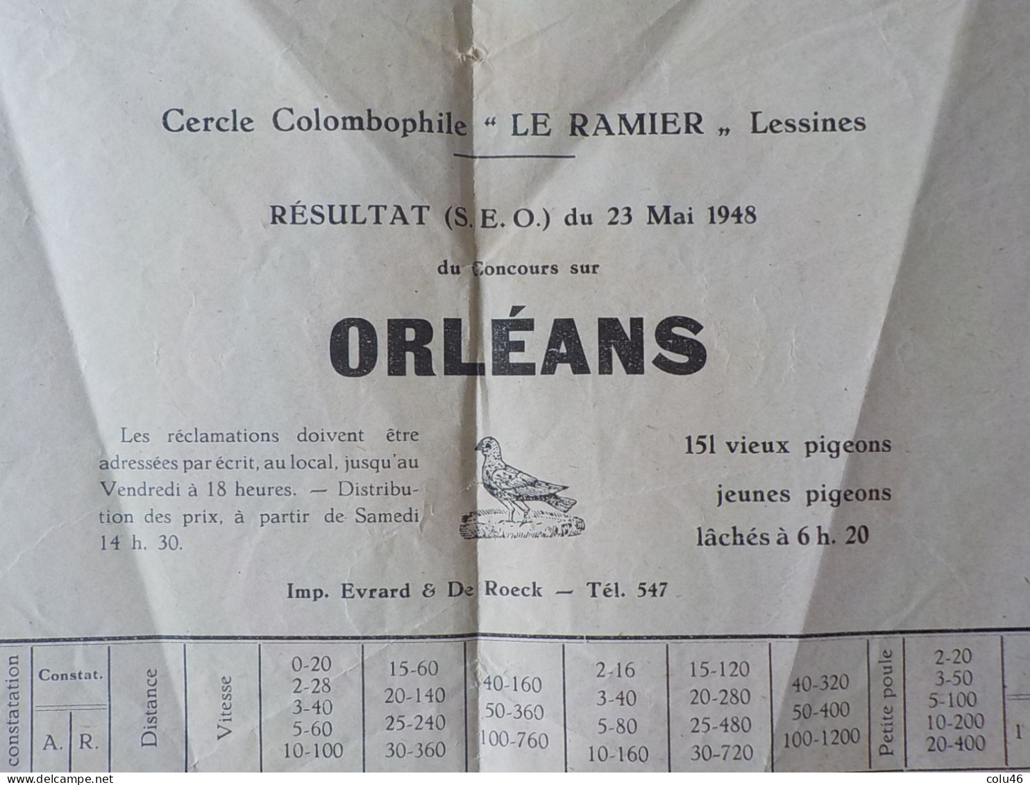 1948 Lessines Cercle Colombophilie Le Ramier Document Relevé De Lacher De Pigeons Concours Sur Orléans - Lessines