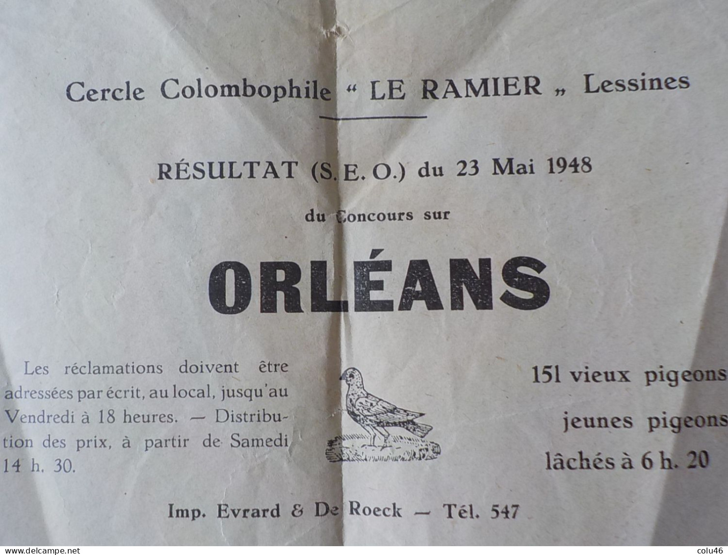 1948 Lessines Cercle Colombophilie Le Ramier Document Relevé De Lacher De Pigeons Concours Sur Orléans - Lessines
