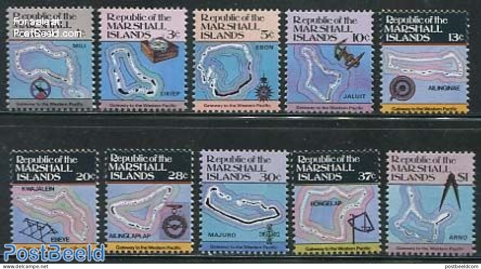 Marshall Islands 1984 Island Maps 10v, Mint NH, Various - Maps - Géographie