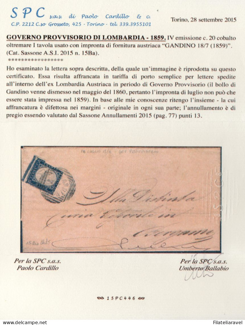 ASI : SARDEGNA  Catalogo Sassone A.S.I. N. 15Ba. Piego Da Gandino A Bergamo. Certificato Fotografico Paolo Cardillo. - Sardegna