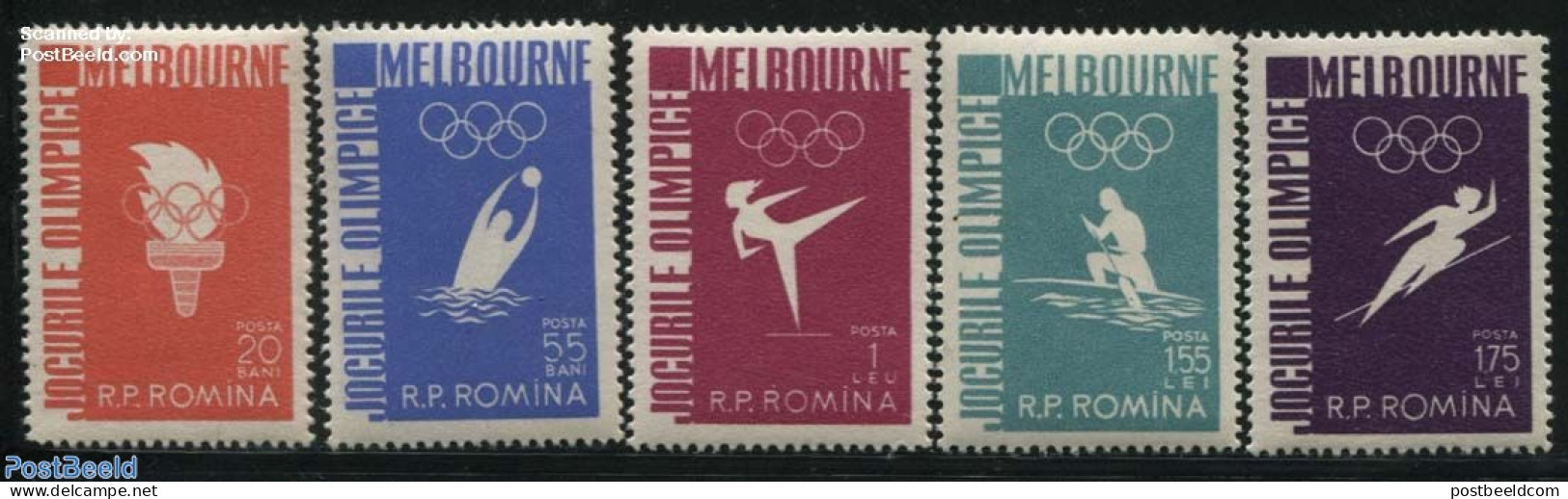 Romania 1956 Olympic Games Melbourne 5v, Mint NH, Sport - Gymnastics - Kayaks & Rowing - Olympic Games - Unused Stamps
