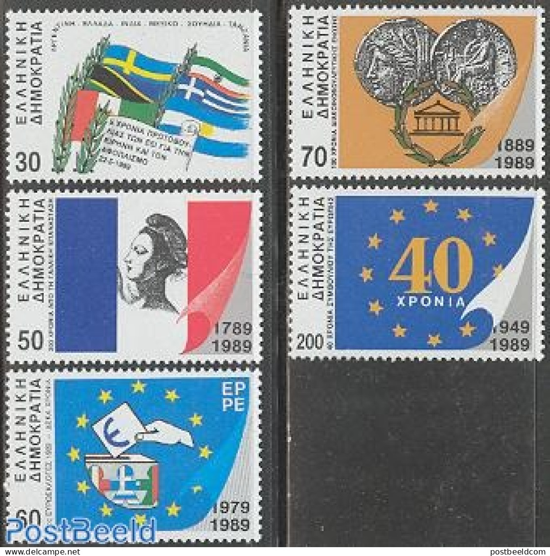 Greece 1989 Mixed Issue 5v, Mint NH, History - Various - Europa Hang-on Issues - Flags - Money On Stamps - Neufs