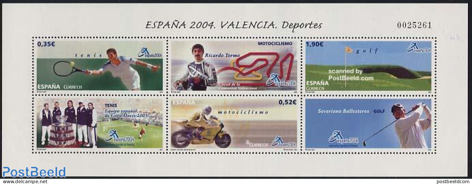 Spain 2004 Valencia, Sport S/s, Mint NH, Sport - Transport - Golf - Sport (other And Mixed) - Tennis - Motorcycles - Ongebruikt