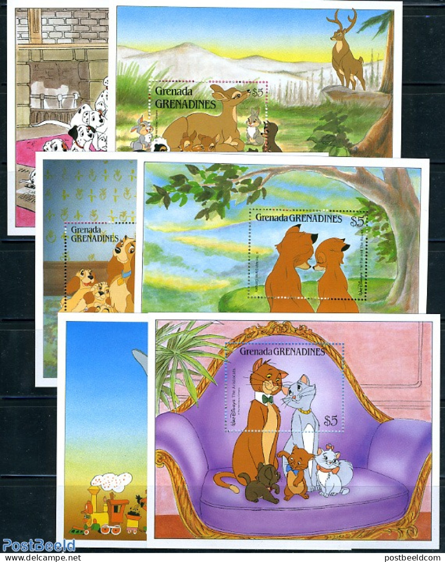 Grenada Grenadines 1988 Disney 6 S/s, Mint NH, Nature - Transport - Dogs - Fire Fighters & Prevention - Art - Disney - Pompieri