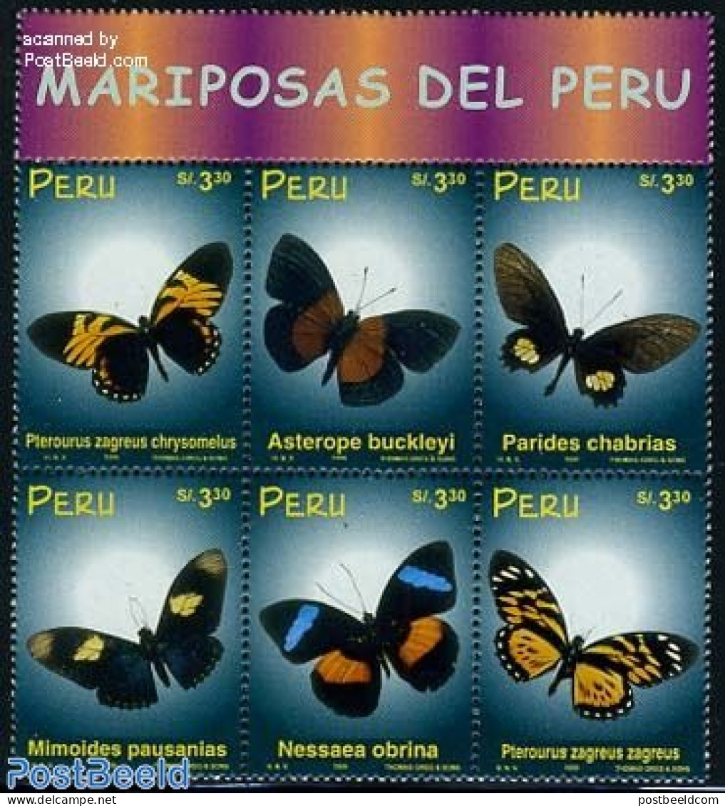 Peru 1999 Butterflies 6v Sheetlet+tab, Mint NH, Nature - Butterflies - Autres & Non Classés