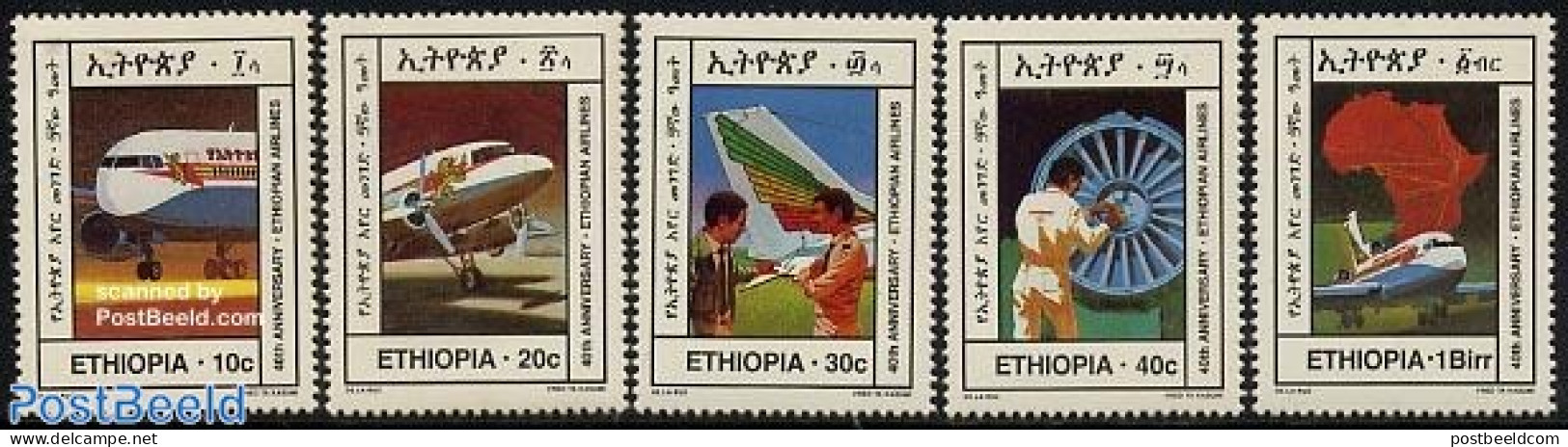 Ethiopia 1986 Etheopian Airways 5v, Mint NH, Transport - Various - Aircraft & Aviation - Maps - Vliegtuigen
