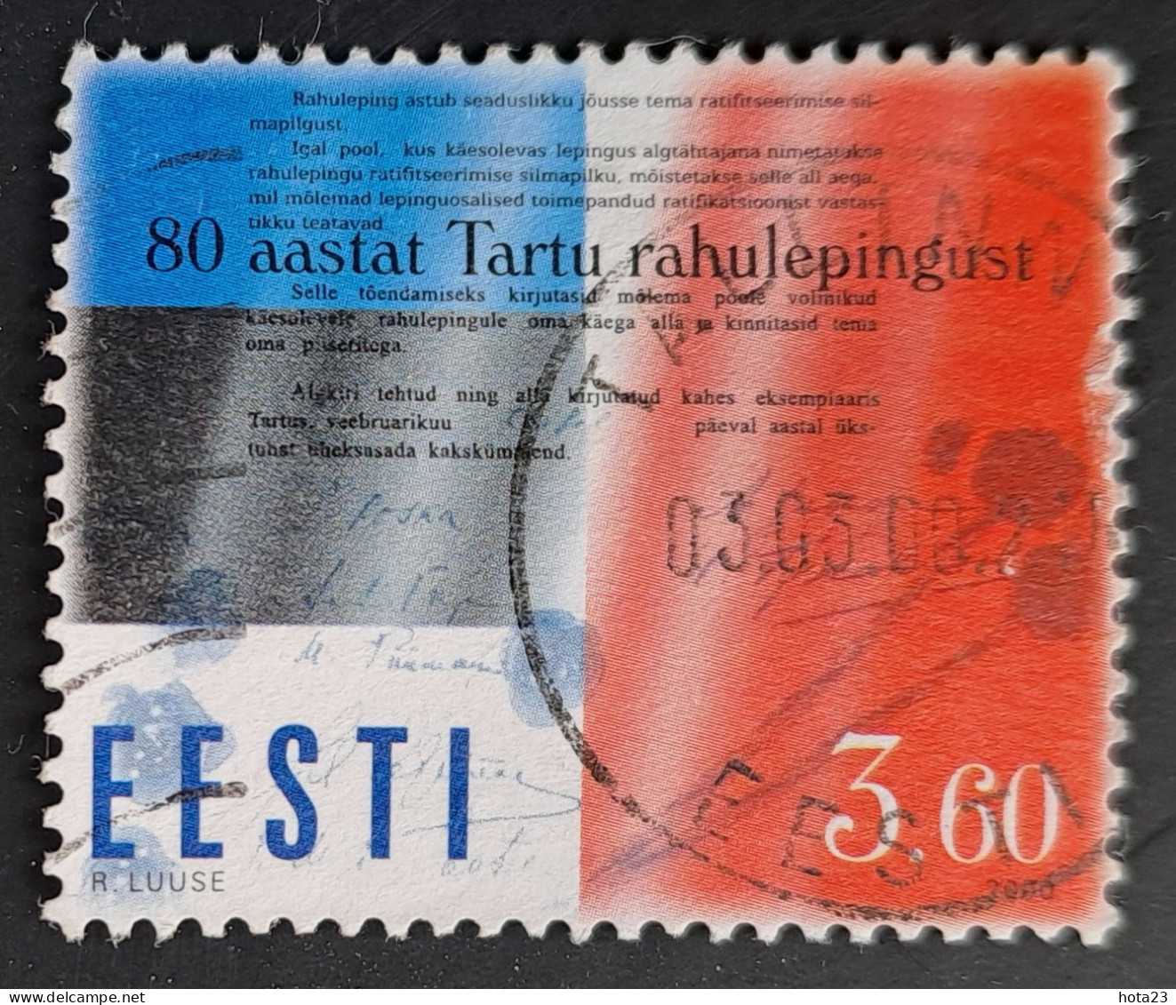 (!) 2000 Estonia , Estland Peace Treaty-80 Tartu Used (0)  Michel 364 - Estland