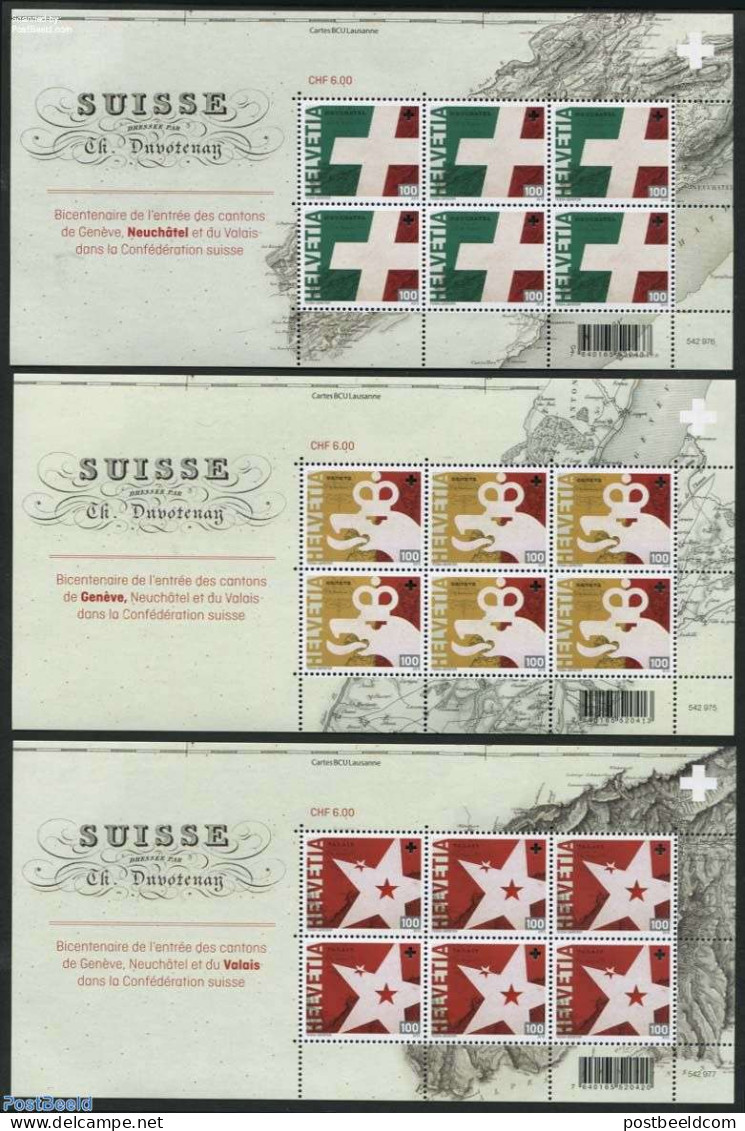 Switzerland 2015 Accession Of Geneve, Neuchatel & Valais 3 M/s, Mint NH, History - Various - Coat Of Arms - History - .. - Ongebruikt