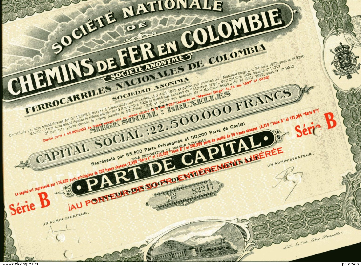 Société Nationale De CHEMINS De FER En COLOMBIE; Part De Capital - Ferrovie & Tranvie