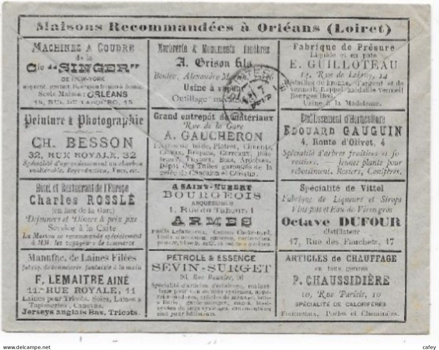 Enveloppe Publicitaire Timbre Type SAGE 12 Publicités Diverses S/ ORLEANS Dont Armes, Photographie, Singer, Pétrole Rare - 1877-1920: Période Semi Moderne