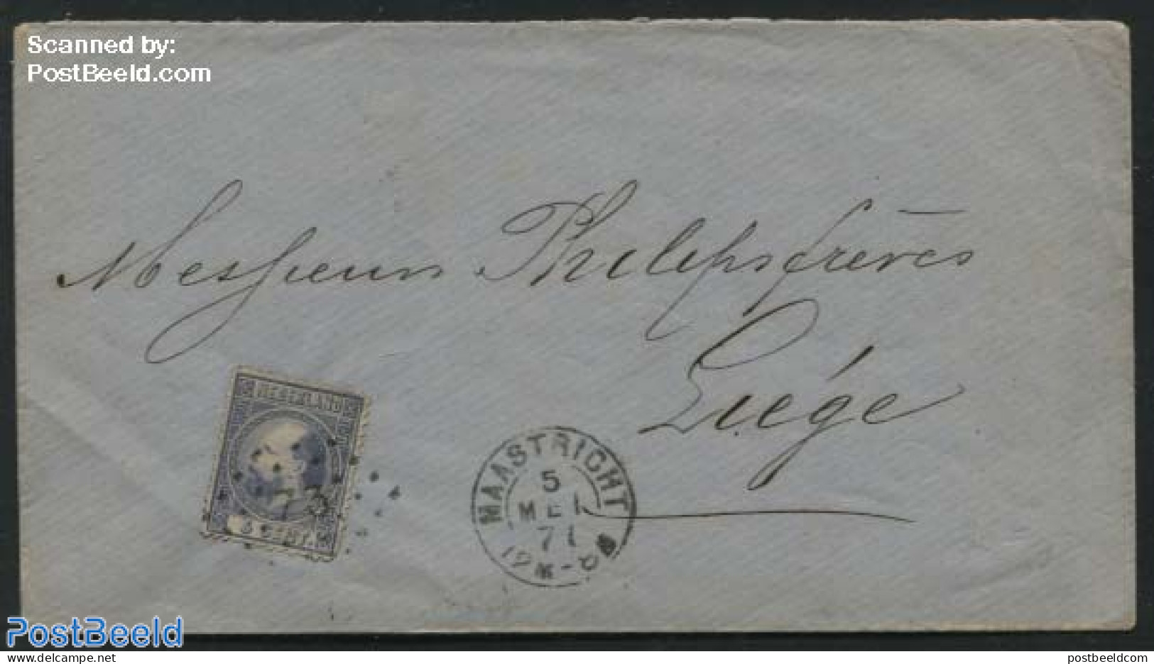 Netherlands 1871 Letter From Maastricht To Liege With 5c Stamps (= Border Rate, Grenstarief), Postal History - Covers & Documents