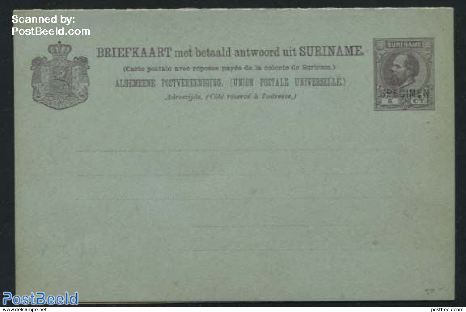 Suriname, Colony 1889 Reply Paid Postcard 5/5c, SPECIMEN, Unused Postal Stationary - Sonstige & Ohne Zuordnung