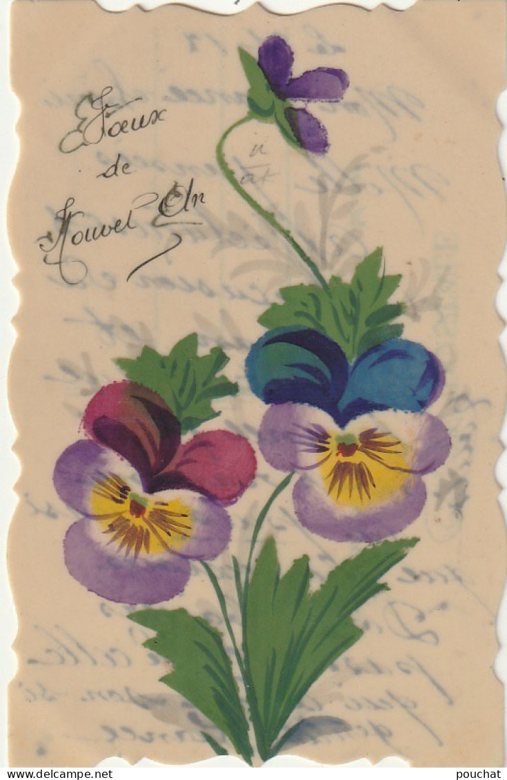 ZA 4- " VOEUX DE NOUVEL AN " - CARTE CELLULOID PEINTE AVEC FLEURS : PENSEES - 2 SCANS - New Year