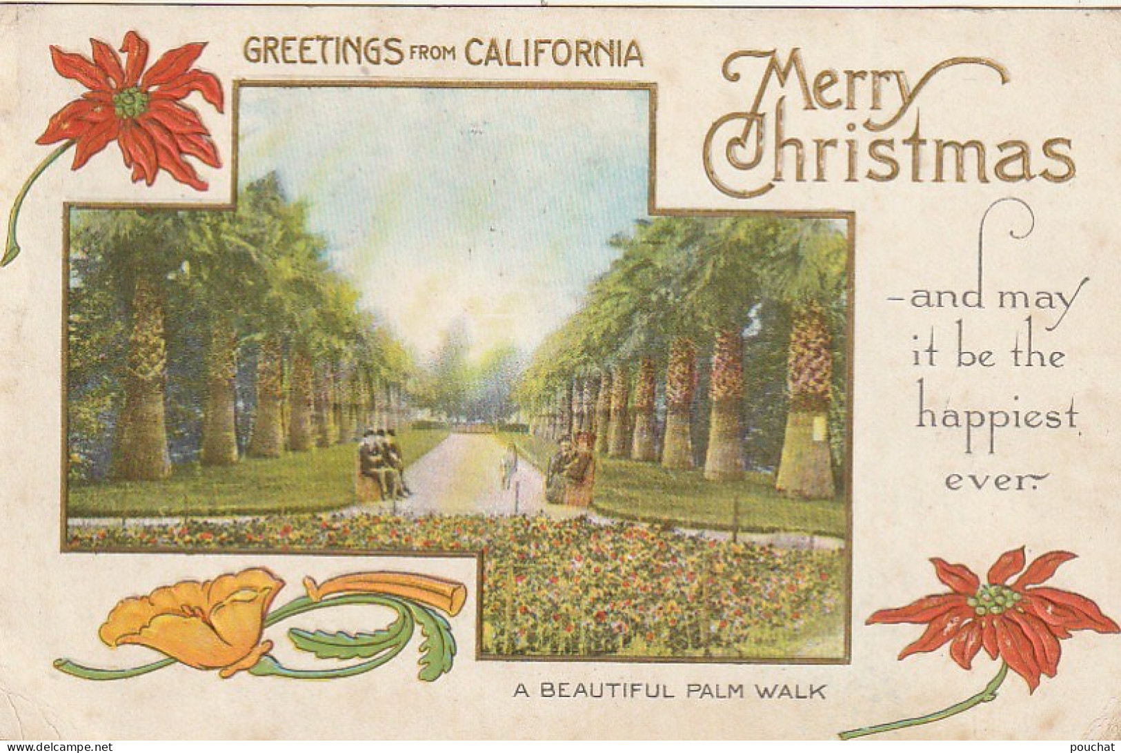 ZA 4- " MERRY CHRISTMAS  " - GREETINGS FROM CALIFORNIA - CARTE GAUFREE - JARDIN AVEC PALMIERS , DECOR FLORAL - DORURE - Andere & Zonder Classificatie