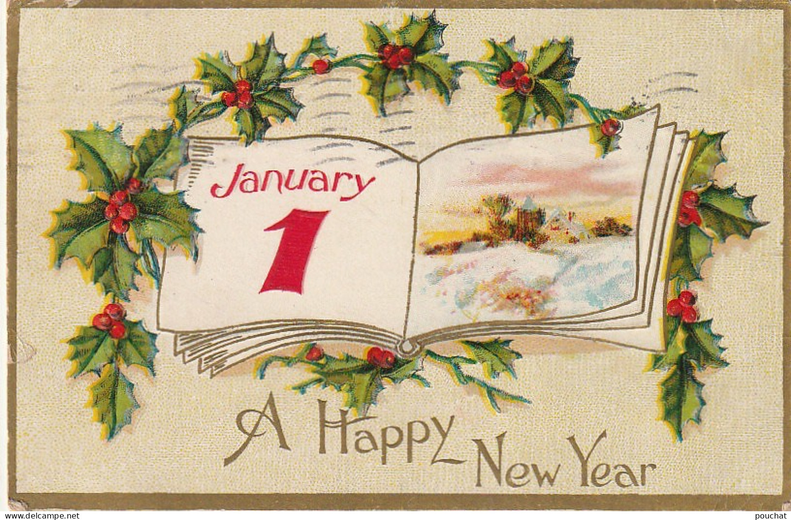 ZA 4- " A HAPPY NEW YEAR " - CARTE FANTAISIE GAUFREE - ALMANACH AVEC PAYSAGE ET DECOR HOUX - New Year