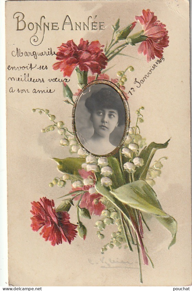 ZA 4- " BONNE ANNEE " - CARTE FANTAISIE GAUFREE  MEDAILLON PORTRAIT - FLEURS : OEILLETS ET MUGUET - ILLUSTRATEUR KLEIN - Klein, Catharina