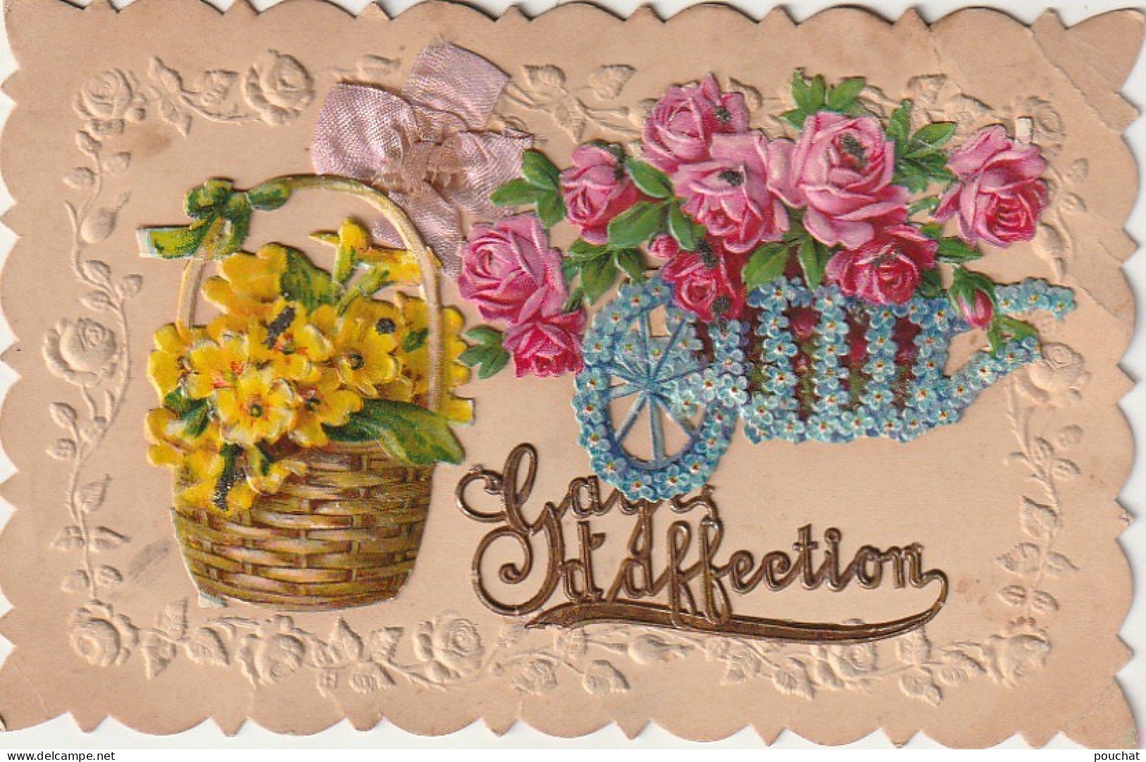 ZA 6- " GAGE D' AFFECTION " - CARTE FANTAISIE GAUFREE AVEC AJOUT DE CHROMO : CARRIOLE DE ROSES ET PANIER FLEURI  - Otros & Sin Clasificación