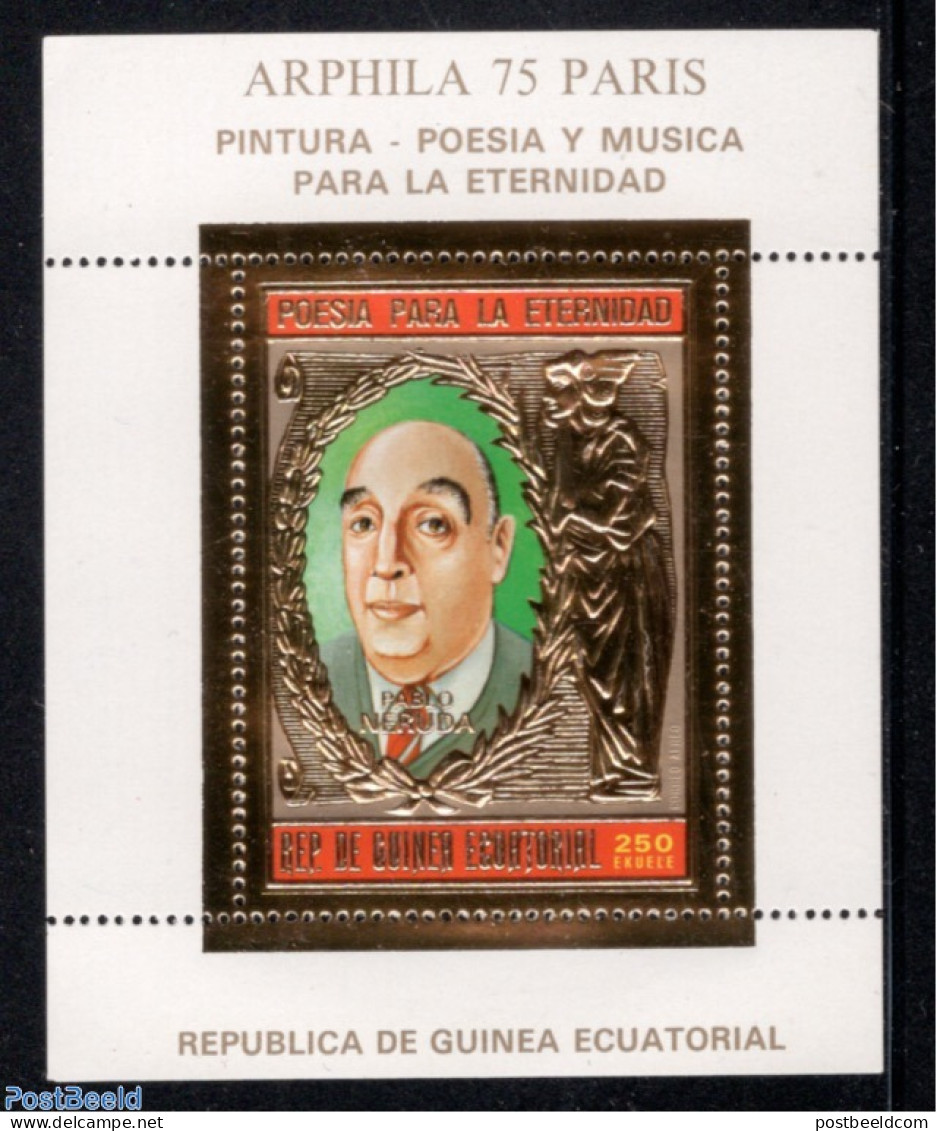 Equatorial Guinea 1975 Pablo Neruda S/s, Gold, Mint NH, History - Performance Art - Nobel Prize Winners - Music - Art .. - Nobel Prize Laureates