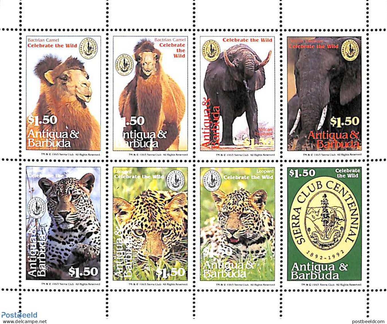 Antigua & Barbuda 1994 Sierra Club 8v M/s, Mint NH, Health - Nature - Camels - Cat Family - Elephants - Corona/Covid19 - Antigua Et Barbuda (1981-...)