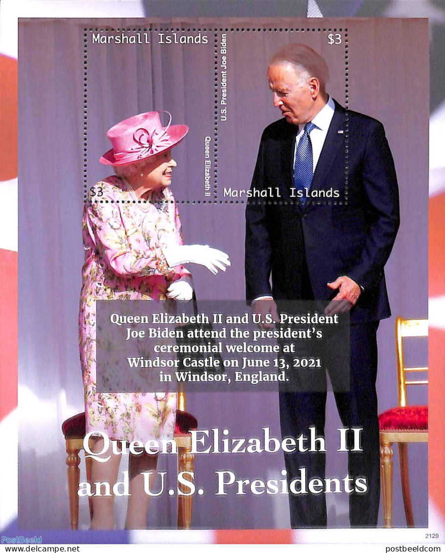 Marshall Islands 2021 Queen Elizabeth II With Pres. Biden S/s, Mint NH, History - American Presidents - Kings & Queens.. - Familles Royales