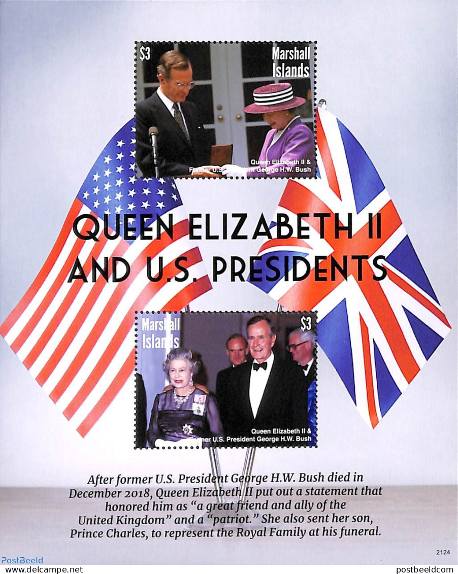 Marshall Islands 2021 Queen Elizabeth II With Pres. Bush Sr. S/s, Mint NH, History - American Presidents - Kings & Que.. - Koniklijke Families