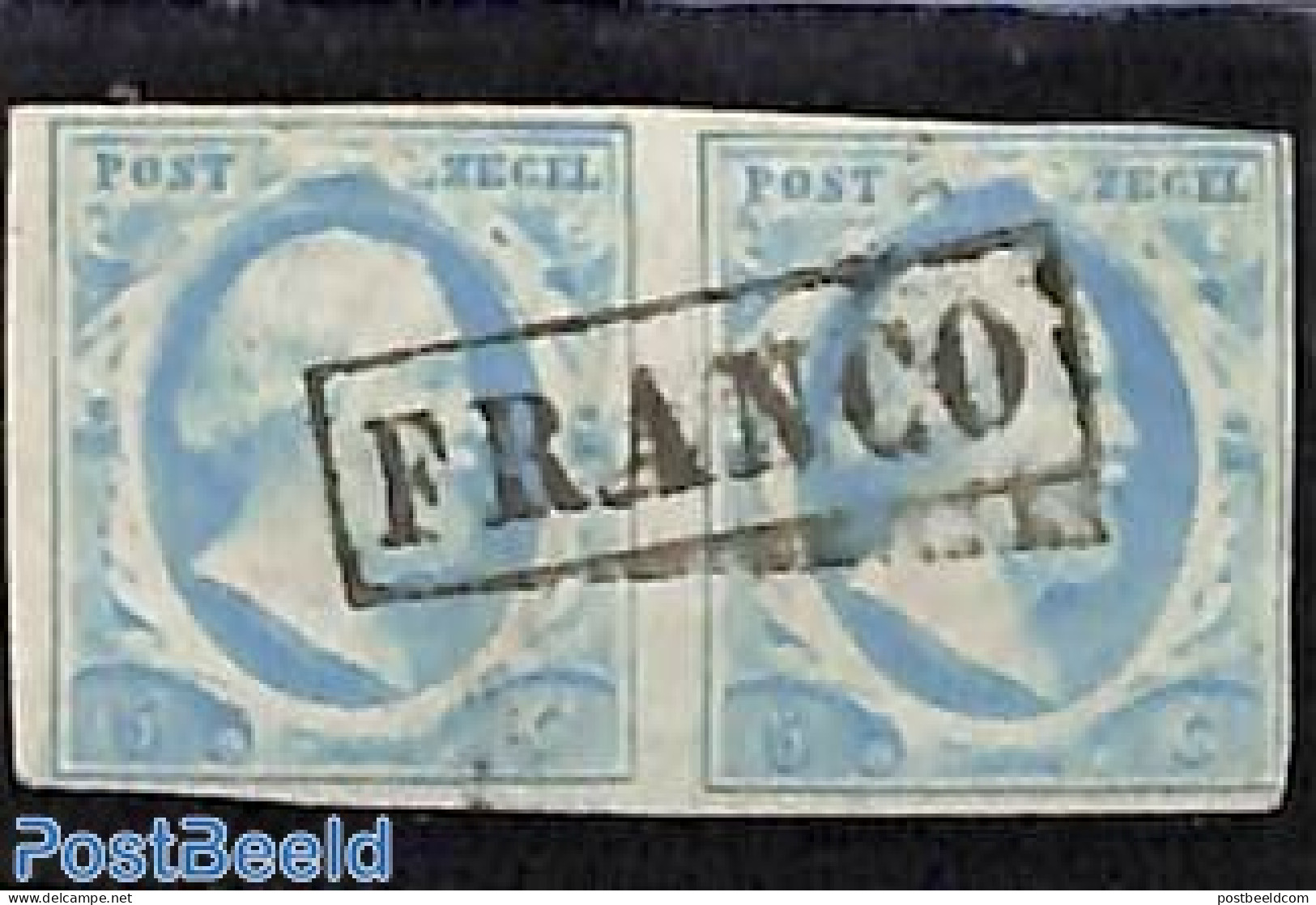 Netherlands 1852 5c, Pair, FRANCO Box, Used Stamps - Gebraucht