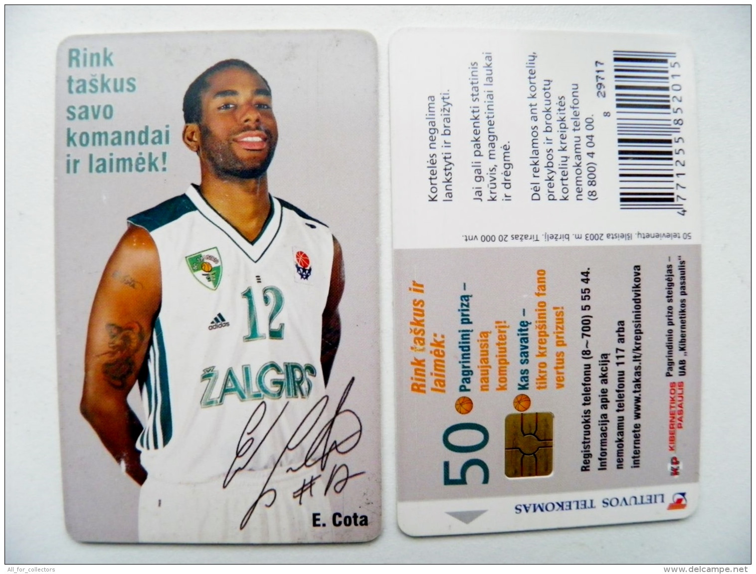 Chip Phone Card From Lithuania Basketball Player Zalgiris Kaunas Team Cota - Lituania