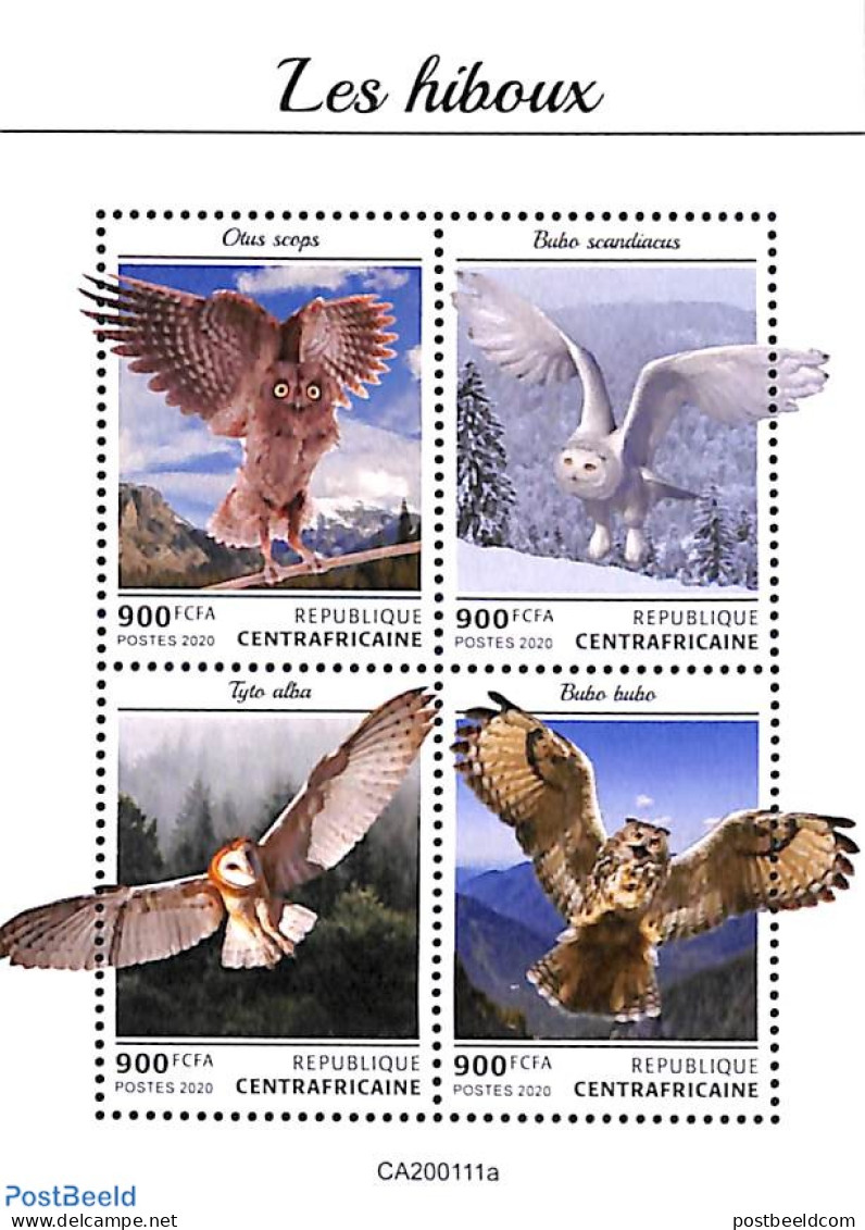 Central Africa 2020 Owls 4v M/s, Mint NH, Nature - Birds - Birds Of Prey - Owls - Zentralafrik. Republik