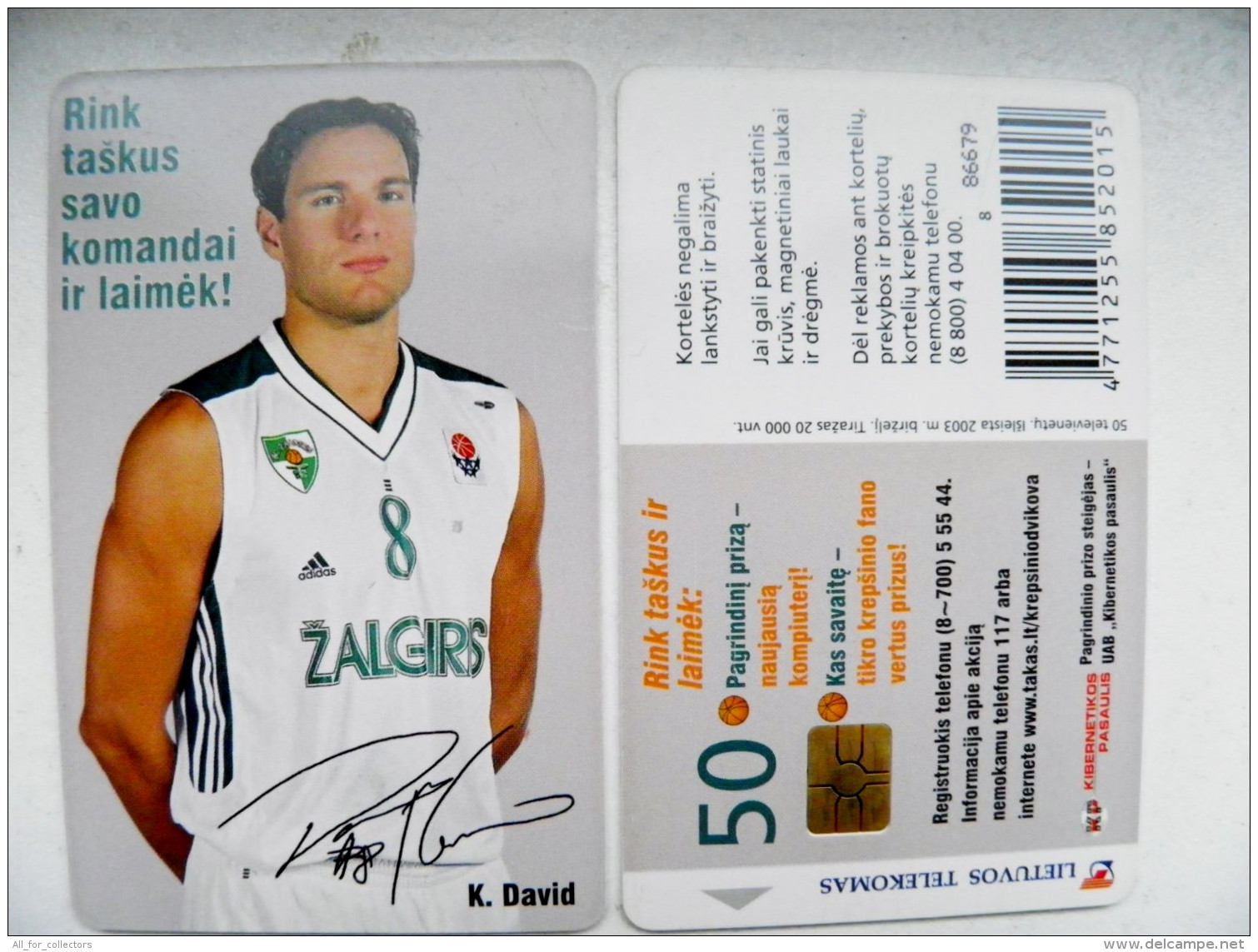 Chip Phone Card From Lithuania Basketball Player Zalgiris Kaunas Team David - Lituania