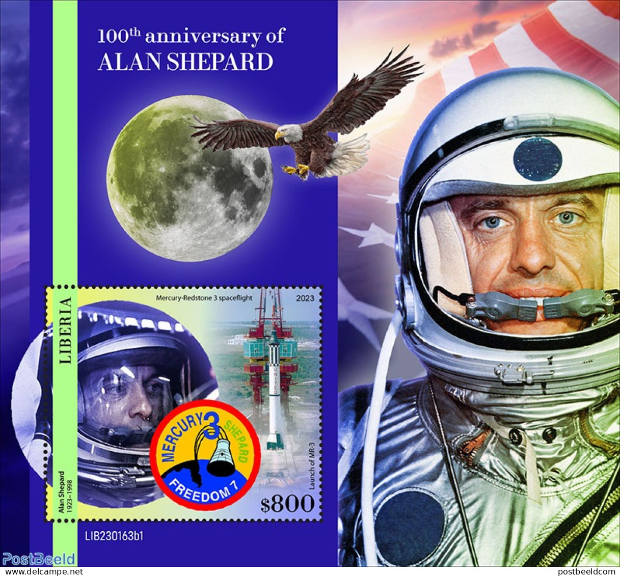 Liberia 2023 100th Anniversary Of Alan Shepard, Mint NH, Nature - Transport - Birds Of Prey - Space Exploration - Sonstige & Ohne Zuordnung