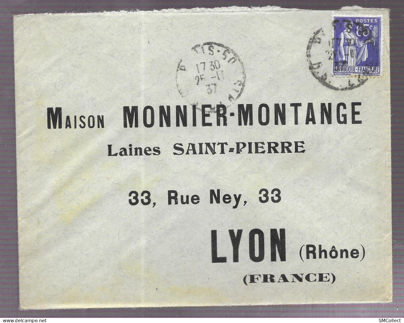Paris 1937. Enveloppe Réponse, Maison Monnier Montange, Laines Saint Pierre, Voyagée Vers Lyon - 1921-1960: Période Moderne