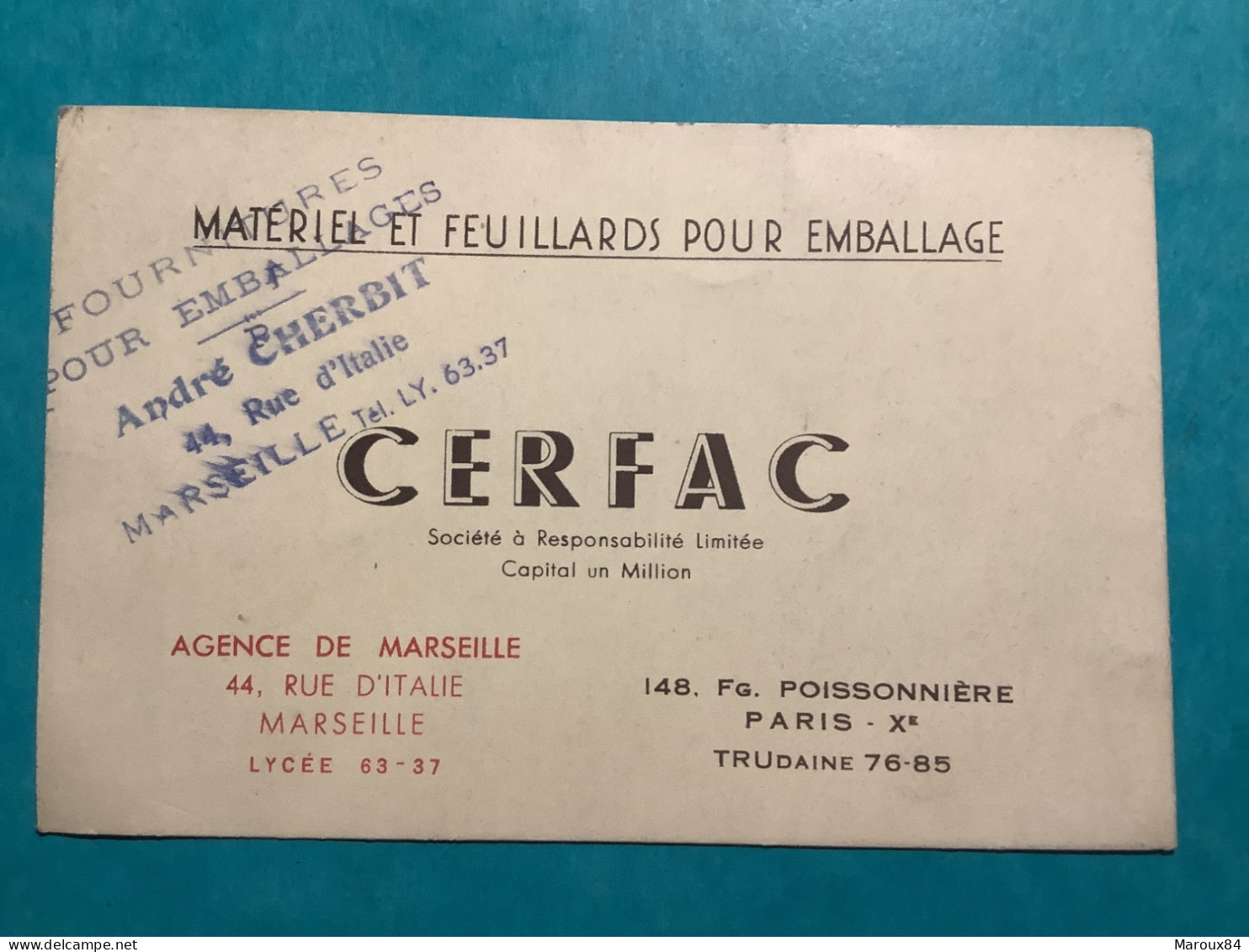 13/ Carte De Visite Matériel Et Feuillards Pour Emballage .cerfac Agence De Marseille - Visitenkarten