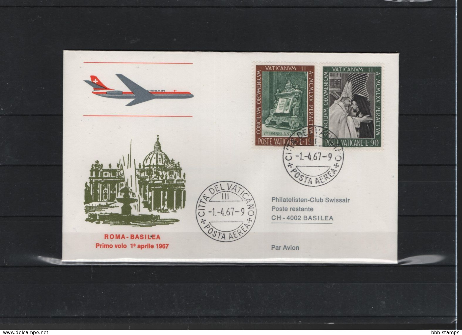 Schweiz Air Mail Swissair  FFC  1.4..1967 Basel - Rom VV - Eerste Vluchten