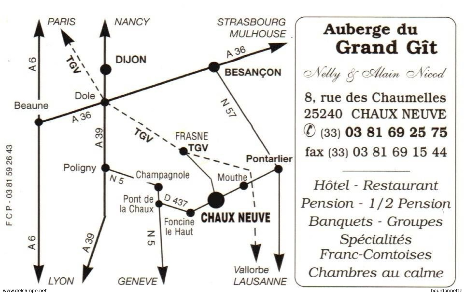 Carte De Visite -Doubs CHAUX NEUVE  -Restaurant AUBERGE DU GRAND GIT - Tarjetas De Visita