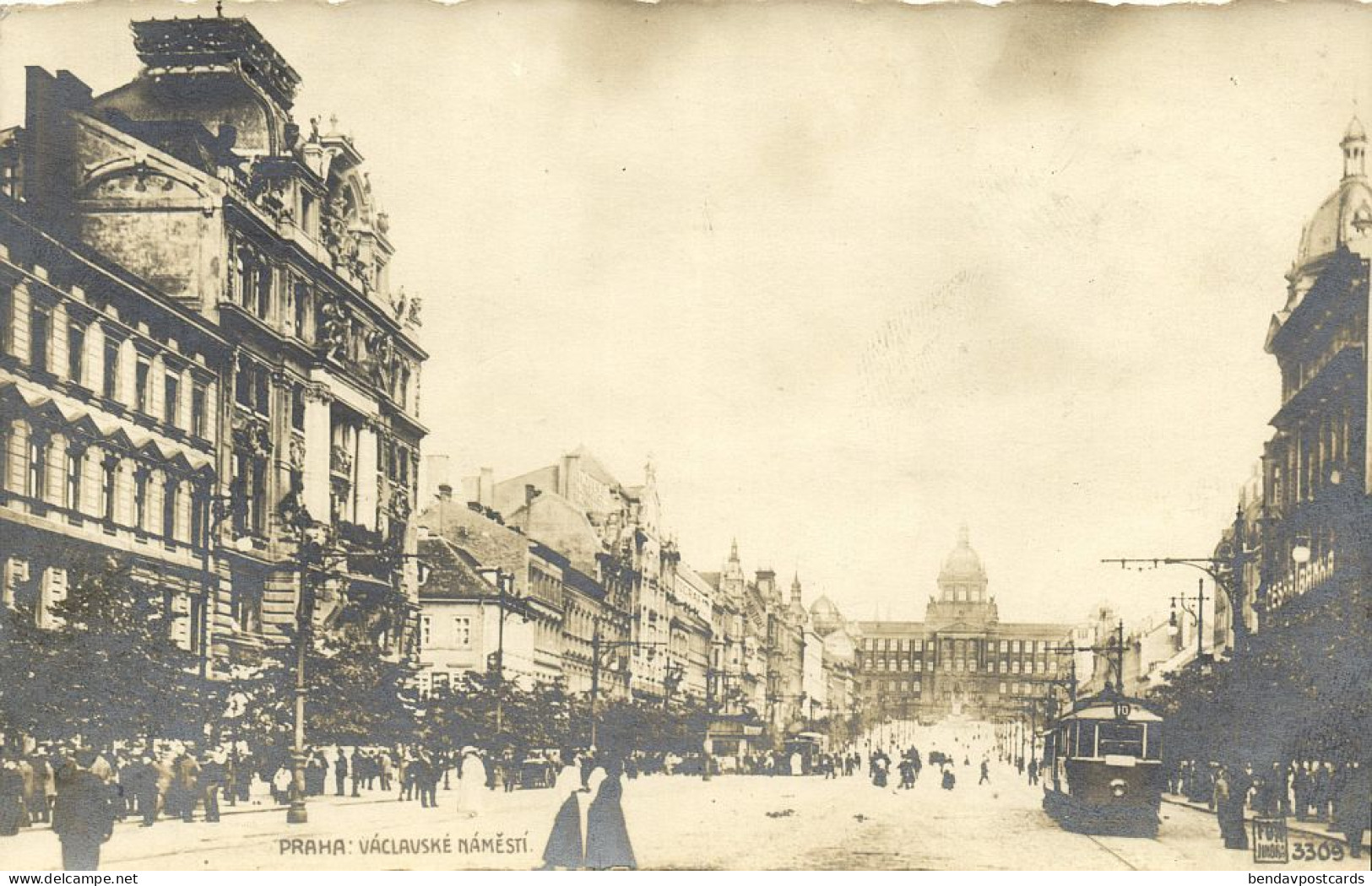 Czech, PRAGUE PRAHA, Václavské Náměstí, Square With Tram (1920s) RPPC Postcard - Czech Republic