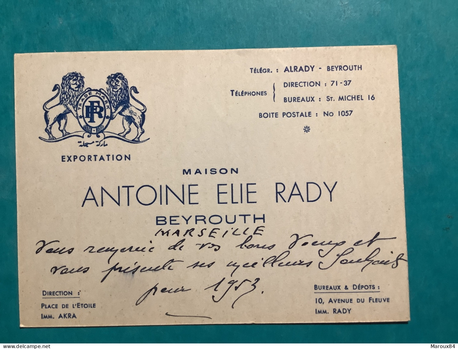 Carte Visite Maison Antoine Elie Rady Beyrouth - Visitekaartjes