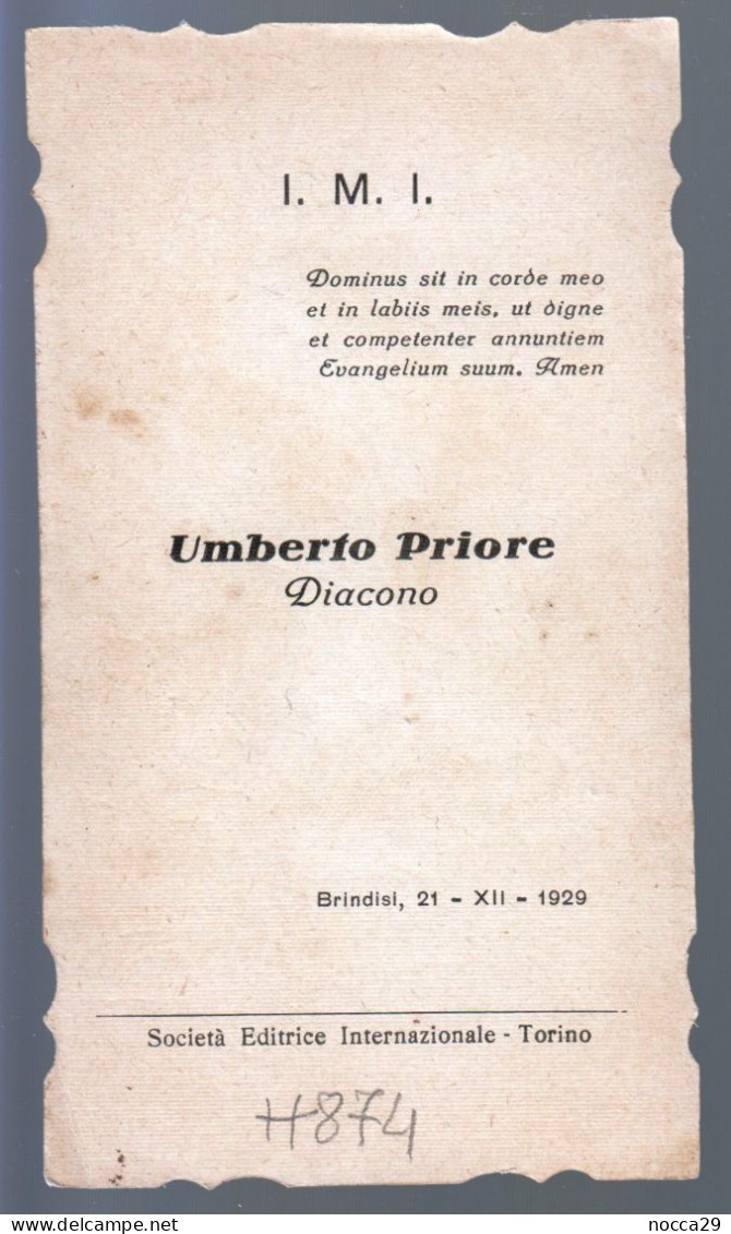 CUORE DI GESU - SANTINO RICORDO DEL DIACONO UMBERTO PRIORE - ANNO 1929 - BRINDISI (H874) - Images Religieuses