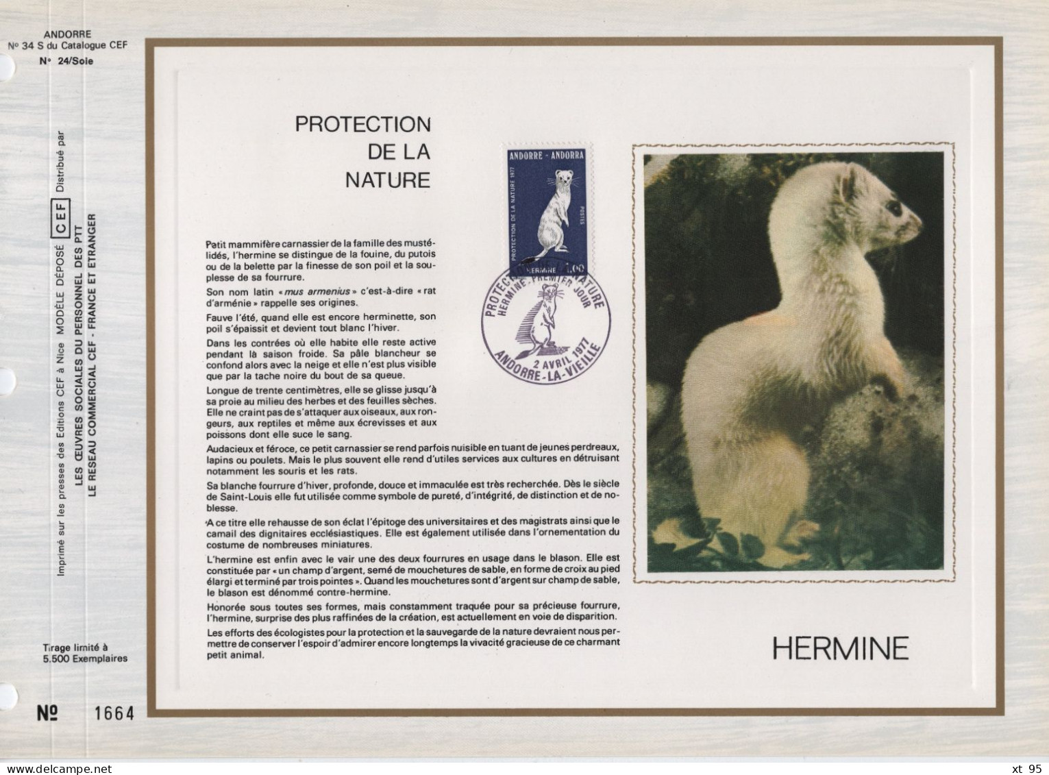 Andorre - CEF N°34 S - Protection De La Nature - Hermine - Cartas & Documentos