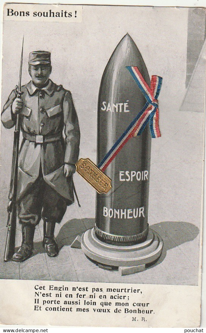 Z+ 3- BONS SOUHAITS  - " CET OBJET N' EST PAS MEURTRIER  .. " - SOLDAT ET OBUS RUBAN TRICOLORE , PLAQUE DOREE  BONHEUR  - War 1914-18