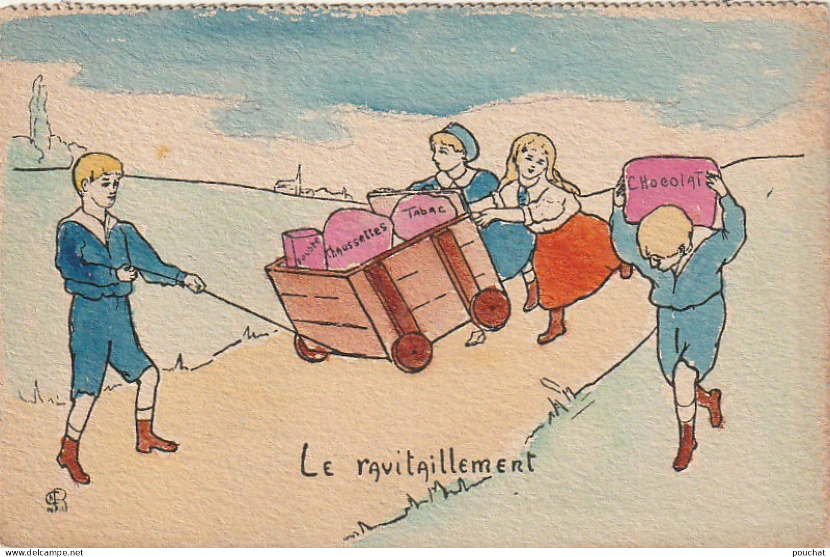 Z+ 3- " LE RAVITAILLEMENT  " - ENFANTS TRACTANT UNE CARRIOLE DE PRODUITS  - ILLUSTRATEUR - 2 SCANS - Characters