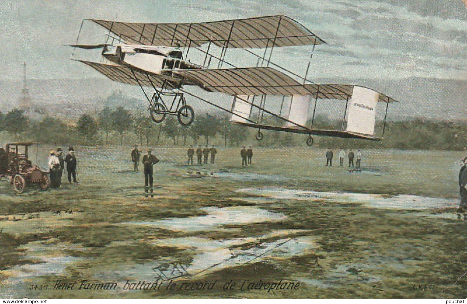 Z+ 4- HENRI FARMAN BATTANT LE RECORD DE L' AEROPLANE  - CARTE COLORISEE - TAMPON PUBLICITAIRE  MAISON BASTOUL , AGEN - Aviadores