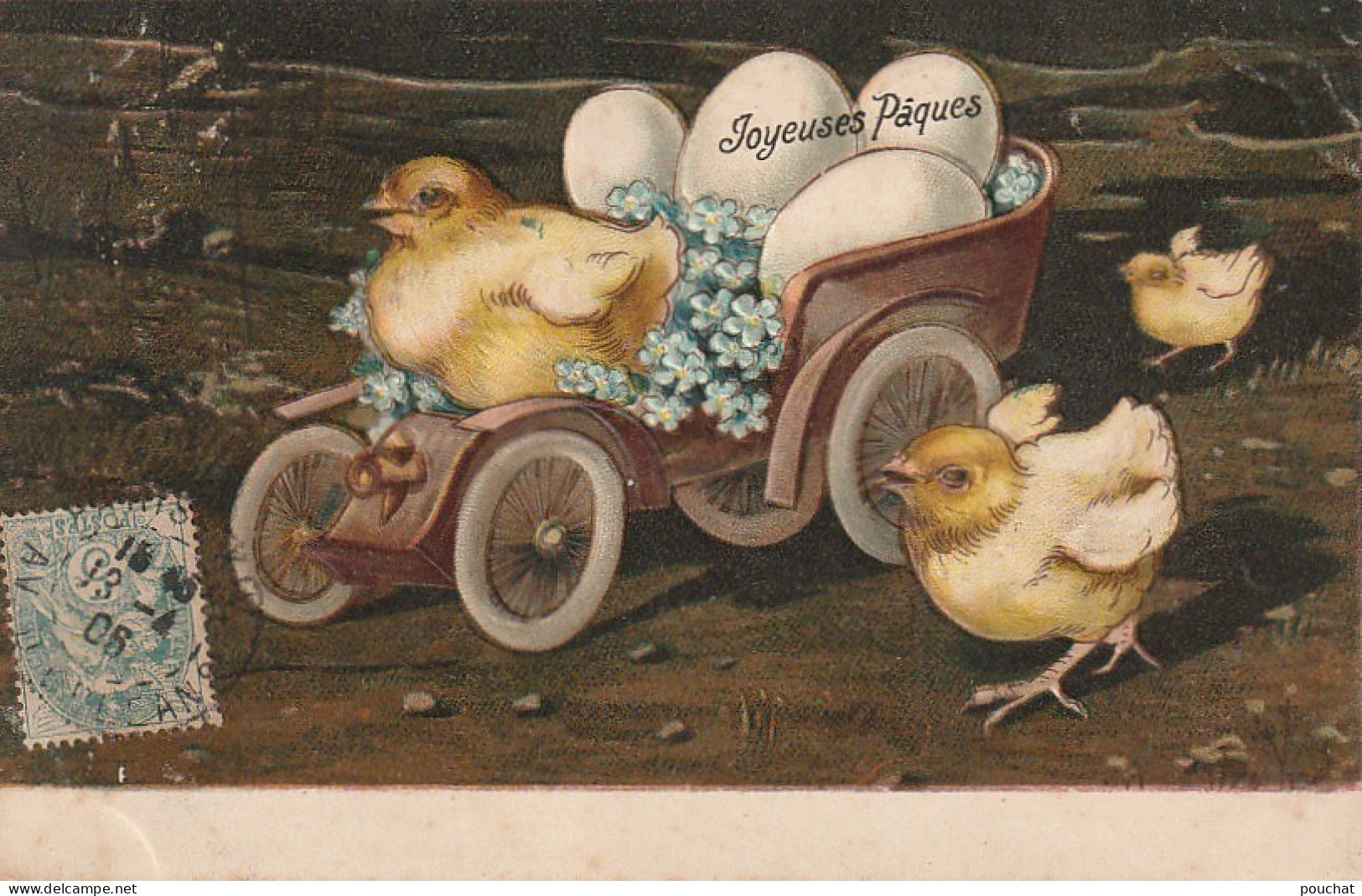 Z+ 7- " JOYEUSES PAQUES " - CARTE GAUFREE - TRIO DE POUSSINS - VOITURE FLEURIE DE MYOSOTIS ET OEUFS - 2 SCANS - Pâques