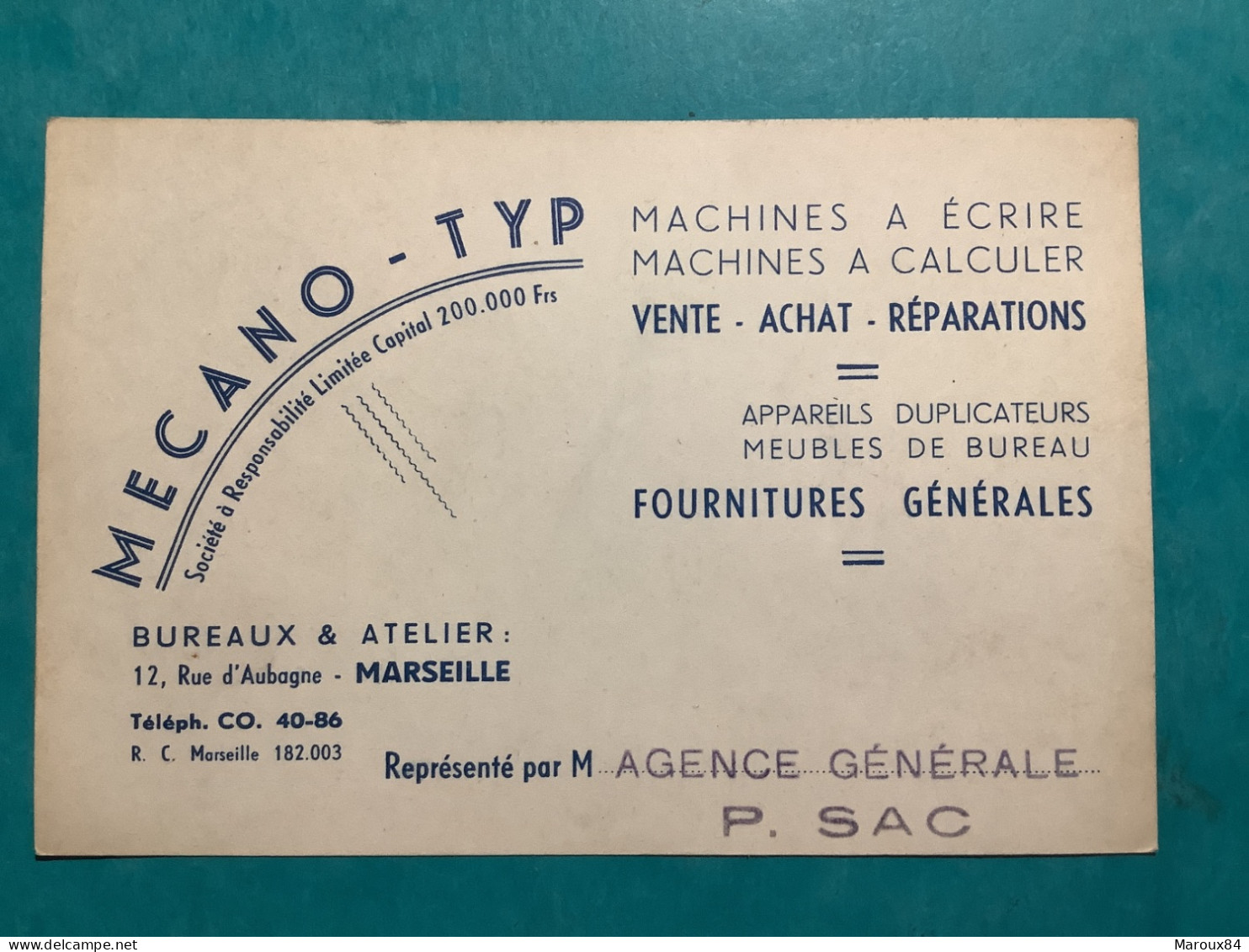 13/ Marseille Mécano Typ Machines à écrire.machines à Calculer - Cartes De Visite