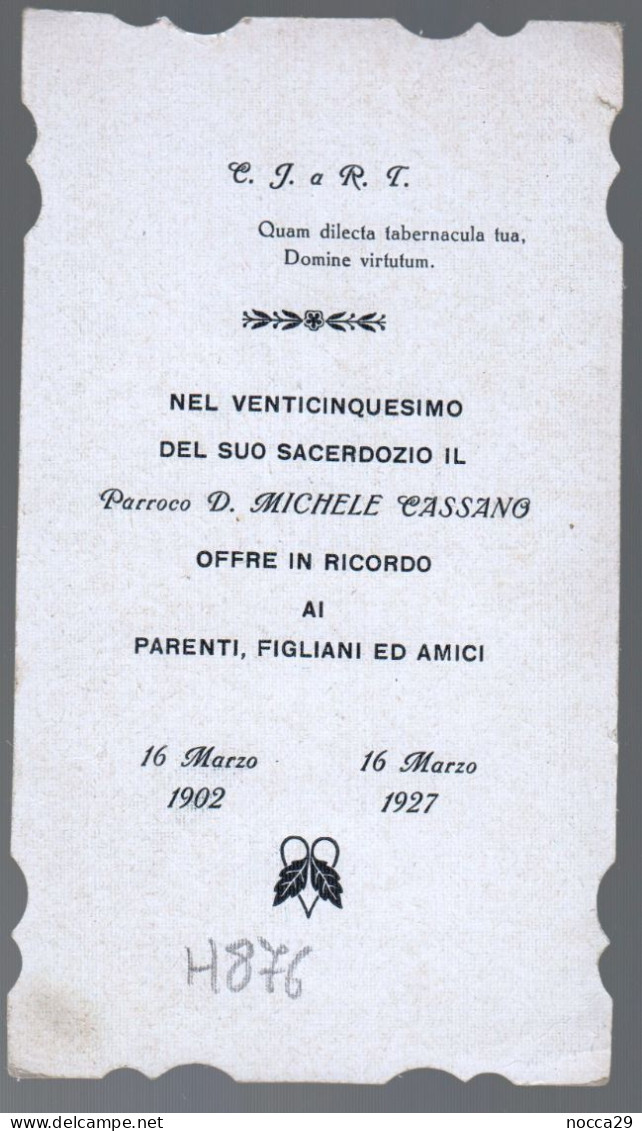 SANTINO RICORDO 25 ANNI DI SACERDOZIO DEL PARROCO MICHELE CASSANO - 1927 - BARI ?? (H876) - Images Religieuses
