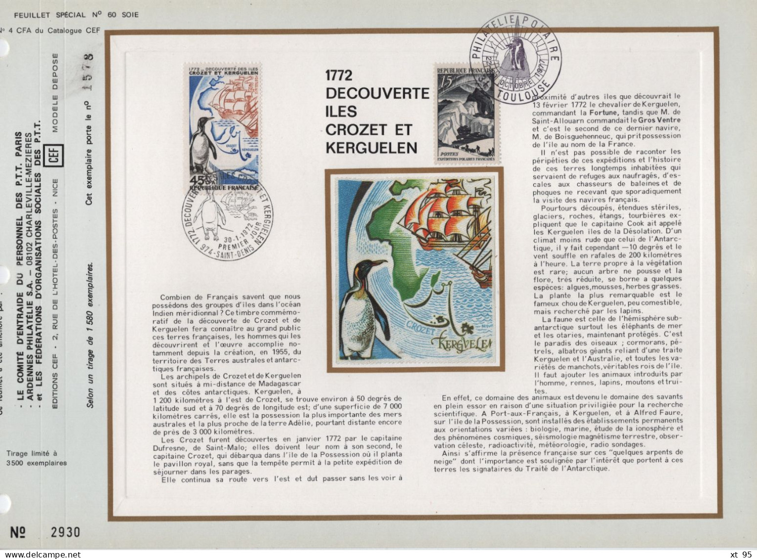 CFA - CEF N°4 - Decouvertes Iles Crozet - 1972 - Philatelie Polaire 1977 - Vignette Au Dos - Commandant Charcot - Lettres & Documents